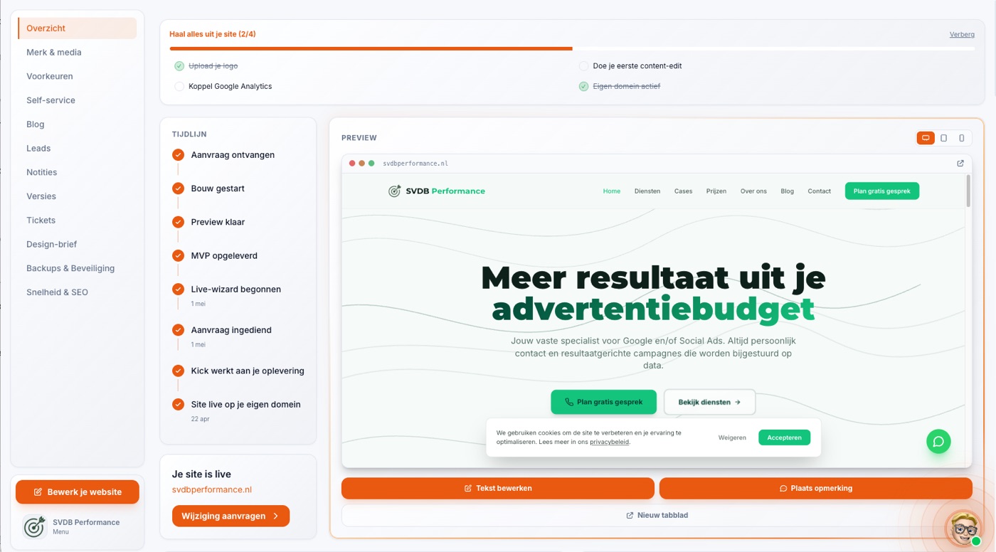 Het klantportaal: live preview van je site, zelf bewerken en je cijfers op een plek