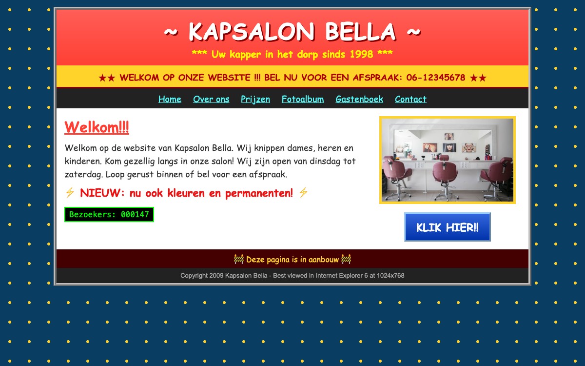 Verouderde, niet-bijgehouden kapperssite uit de jaren 2000